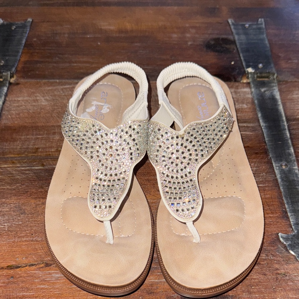 Women's Rhinestone Embellished Ivory Thong Sandals